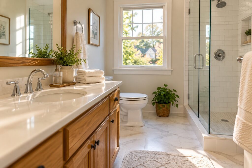 A freshly cleaned bathroom with an oak vanity, white tile, and folded towels