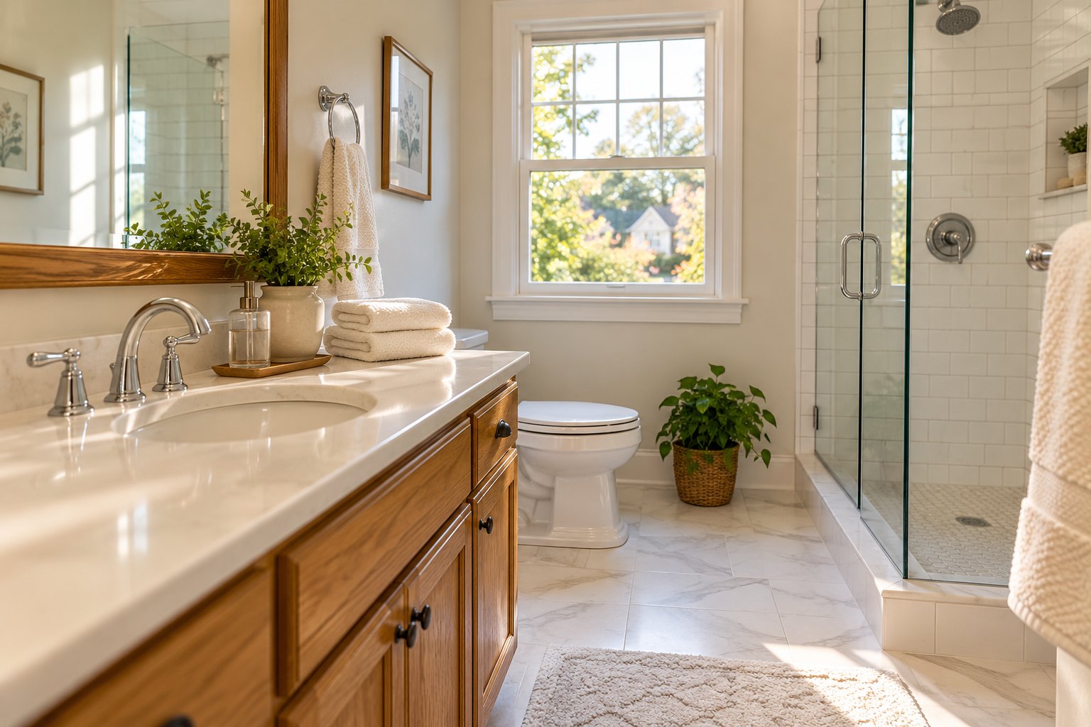 A freshly cleaned bathroom with an oak vanity, white tile, and folded towels
