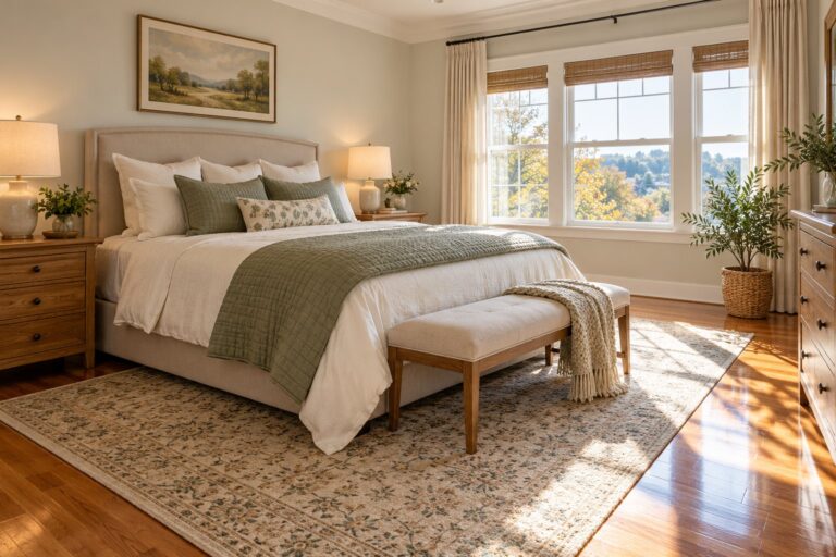 An airy bedroom with ivory bedding, a sage quilt, and a clean hardwood floor