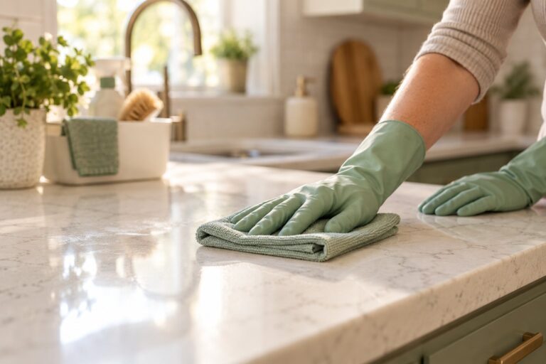 Gloved hands wiping a quartz counter with a folded microfiber cloth