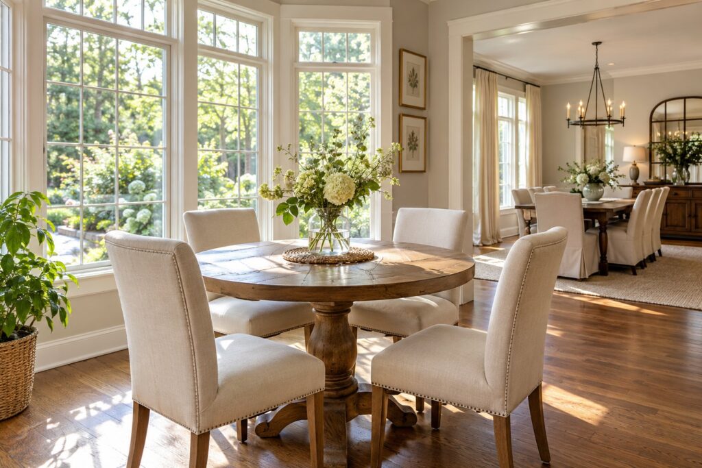 A bright dining nook with a round wooden table, cream chairs, and fresh flowers