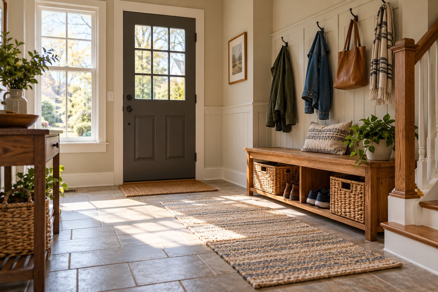 A tidy entryway with an oak bench, woven baskets, and an organized shoe area