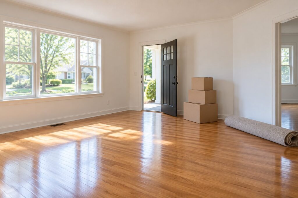 An empty living room with moving boxes and freshly cleaned hardwood floors